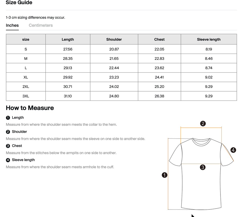 Size chart for WHYELUME Essentials Radiant Mark snow washed tee with length, shoulder, chest, and sleeve measurements in inches