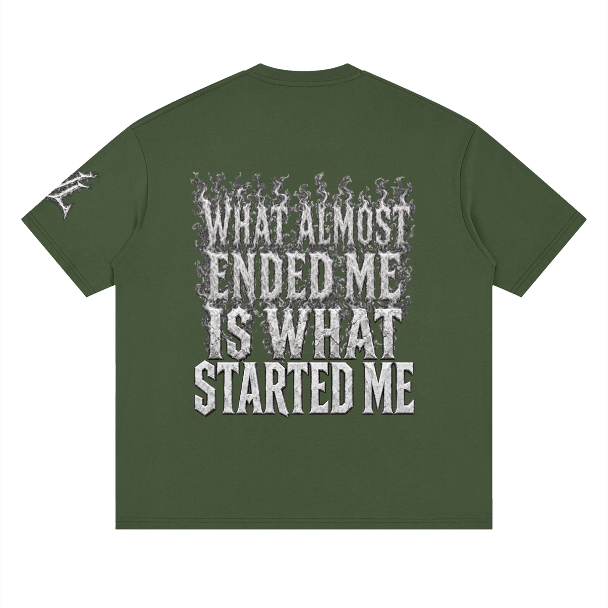 Back view of army green WHYELUME What Started Me drop shoulder tee with white smoke What Almost Ended Me Is What Started Me graphic