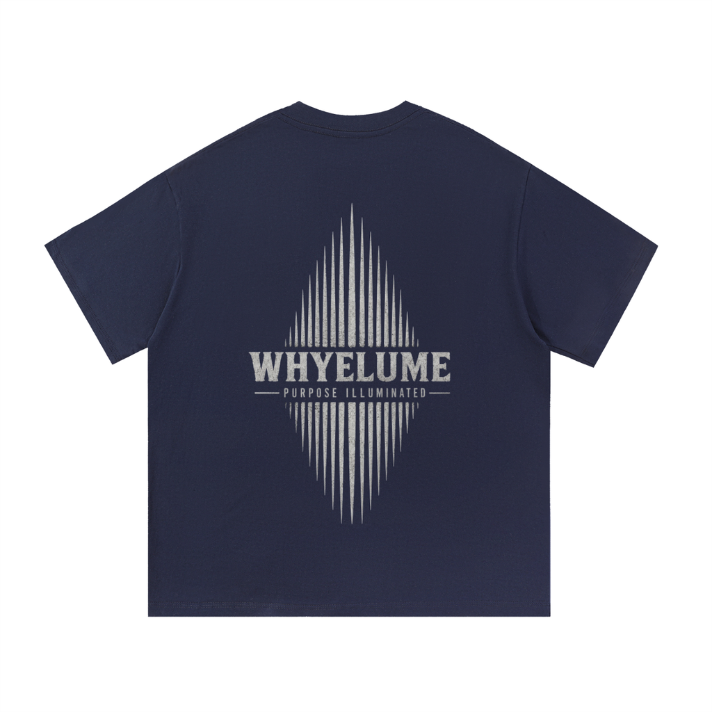 Back view of navy blue WHYELUME Essentials Radiant Mark tee with white radiant burst graphic