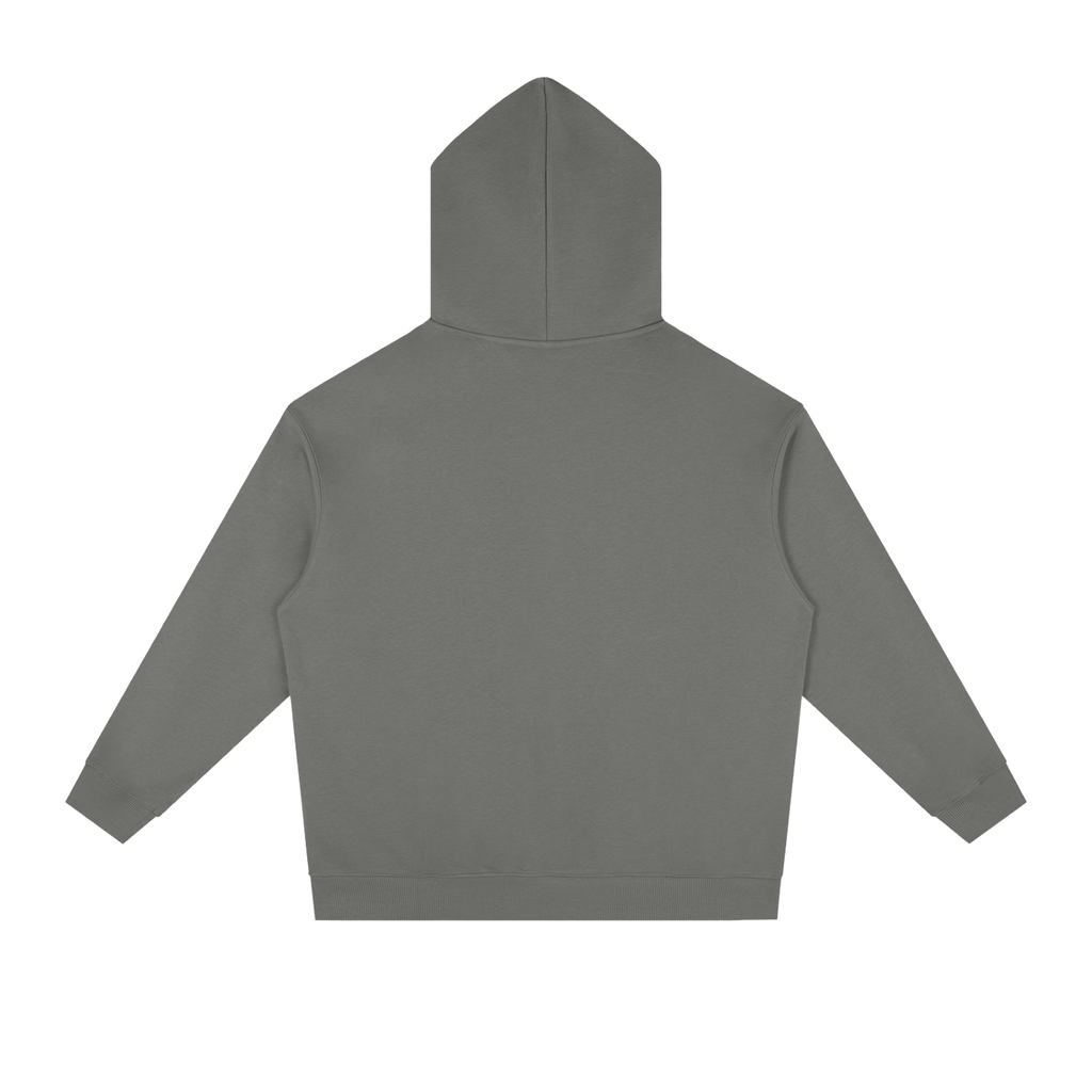 Back view of dark gray WHYELUME Silver Crest drop-shoulder hoodie with no print