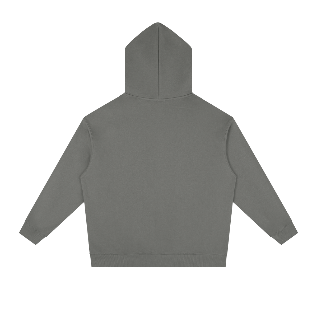 Back view of dark gray WHYELUME Silver Crest drop-shoulder hoodie with no print