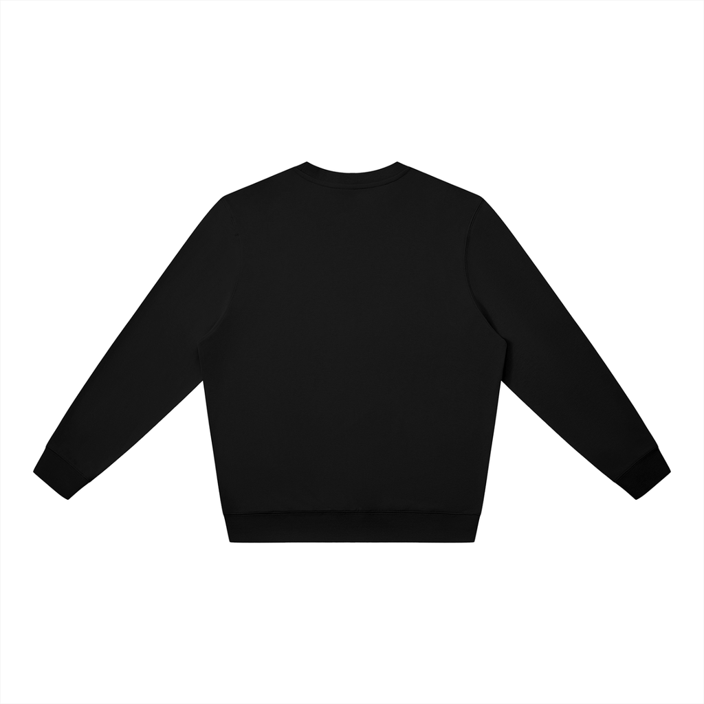 Back view of black WHYELUME Flare Mark oversized crewneck sweatshirt with no print