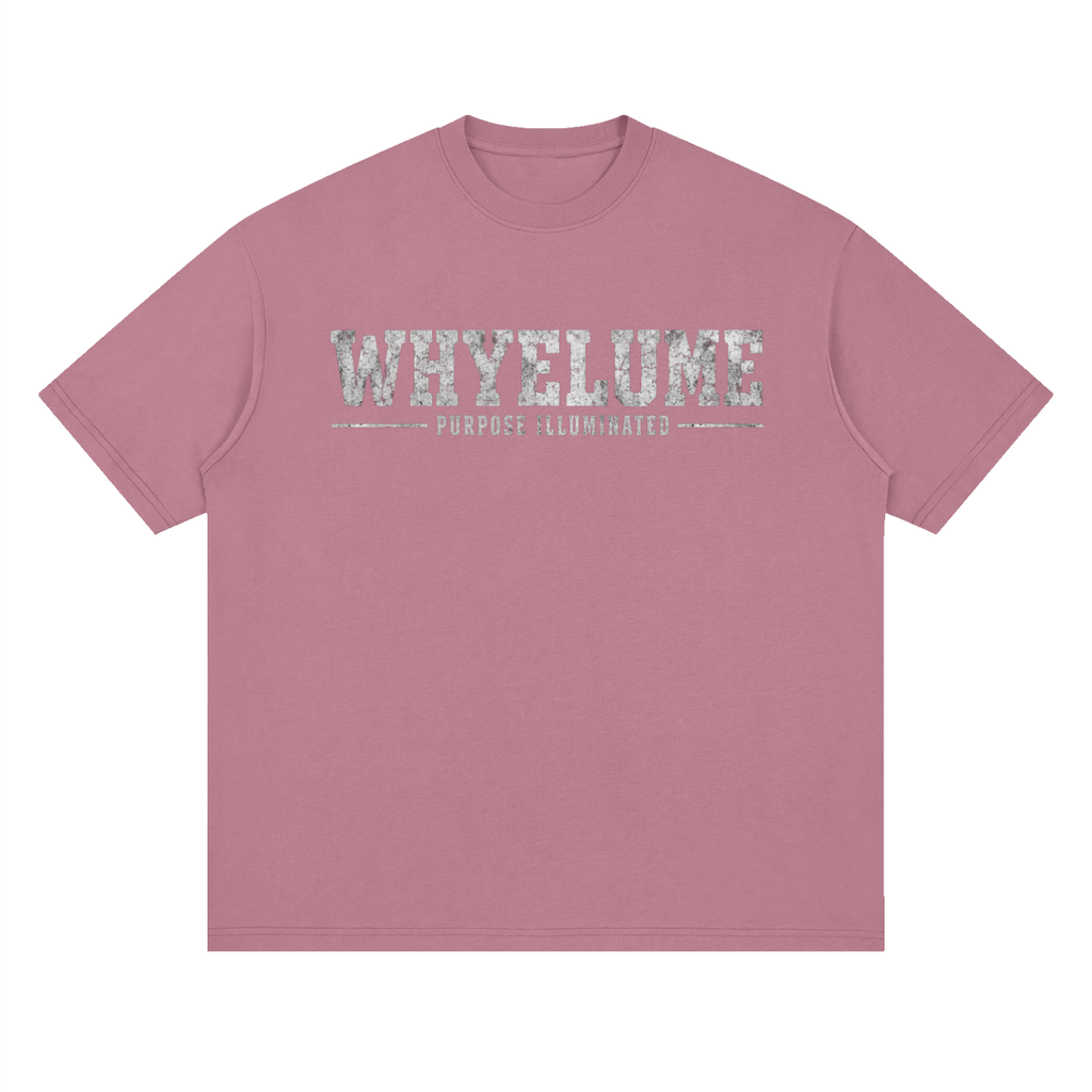 Front view of bean paste red WHYELUME Purpose Illuminated drop shoulder tee with white collegiate wordmark graphic