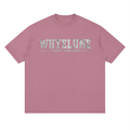 Front view of bean paste red WHYELUME Purpose Illuminated drop shoulder tee with white collegiate wordmark graphic