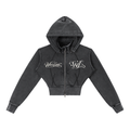 Front view of washed black WHYELUME Purpose Illuminated vintage washed cropped fleece hoodie with white WHYELUME script and WL chest graphics