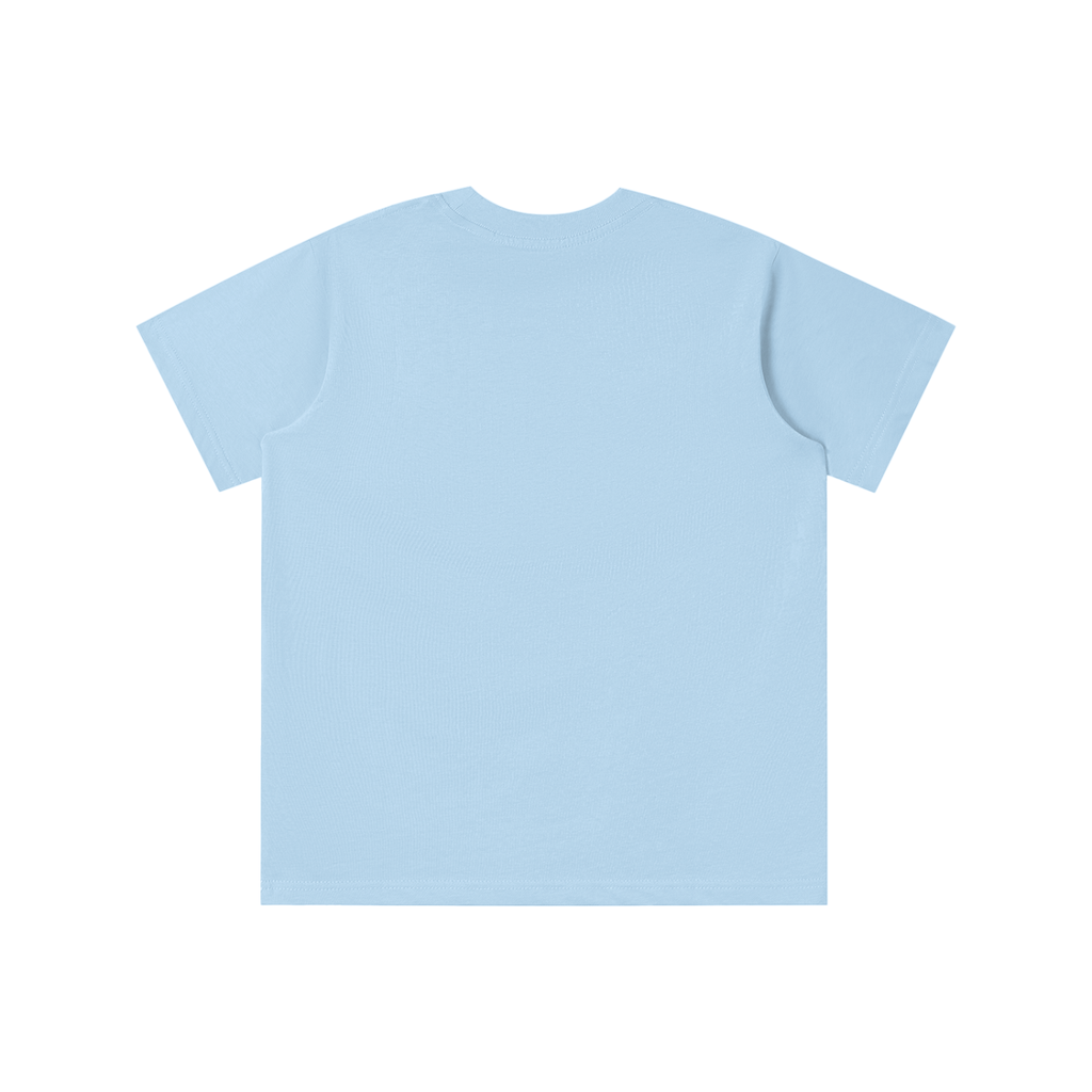 Back view of light blue WHYELUME Kids Arcade Energy tee with no print