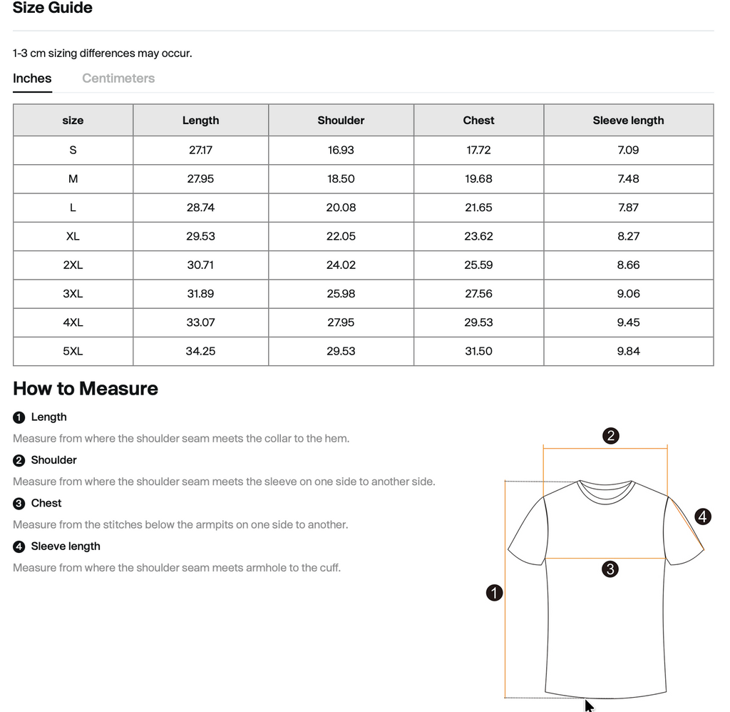 Size chart for WHYELUME Purpose Illuminated oversized graphic tee with length, shoulder, chest, and sleeve measurements in inches
