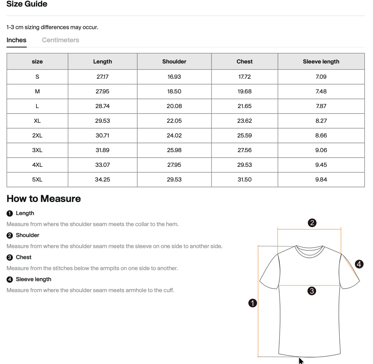 Size chart for WHYELUME Purpose Illuminated oversized graphic tee with length, shoulder, chest, and sleeve measurements in inches