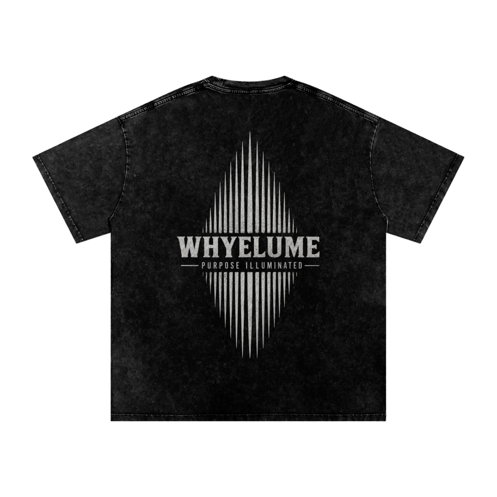 Back view of black snow washed WHYELUME Essentials Radiant Mark tee with white radiant burst graphic