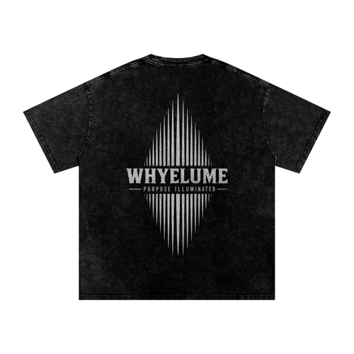 Back view of black snow washed WHYELUME Essentials Radiant Mark tee with white radiant burst graphic