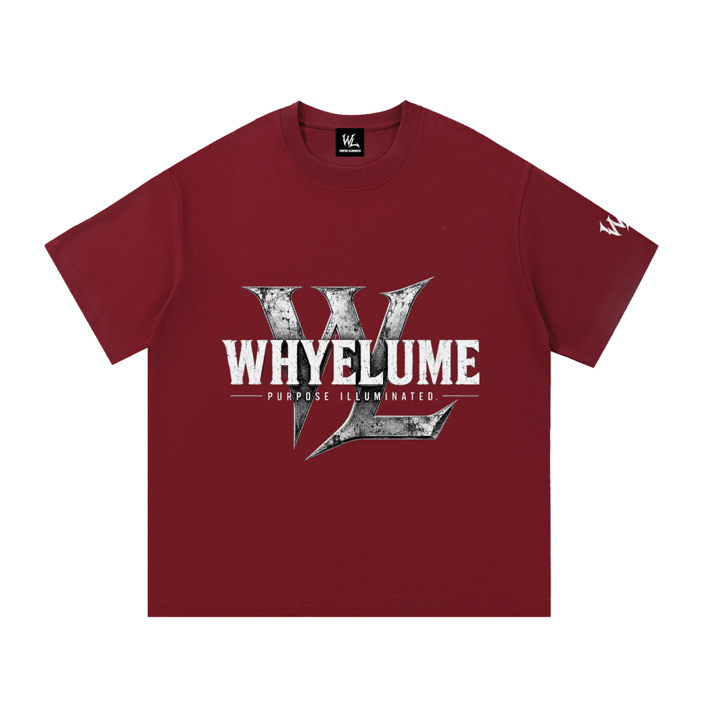 Front view of wine red WHYELUME Weathered Mark cotton tee with white weathered wordmark and WL graphic