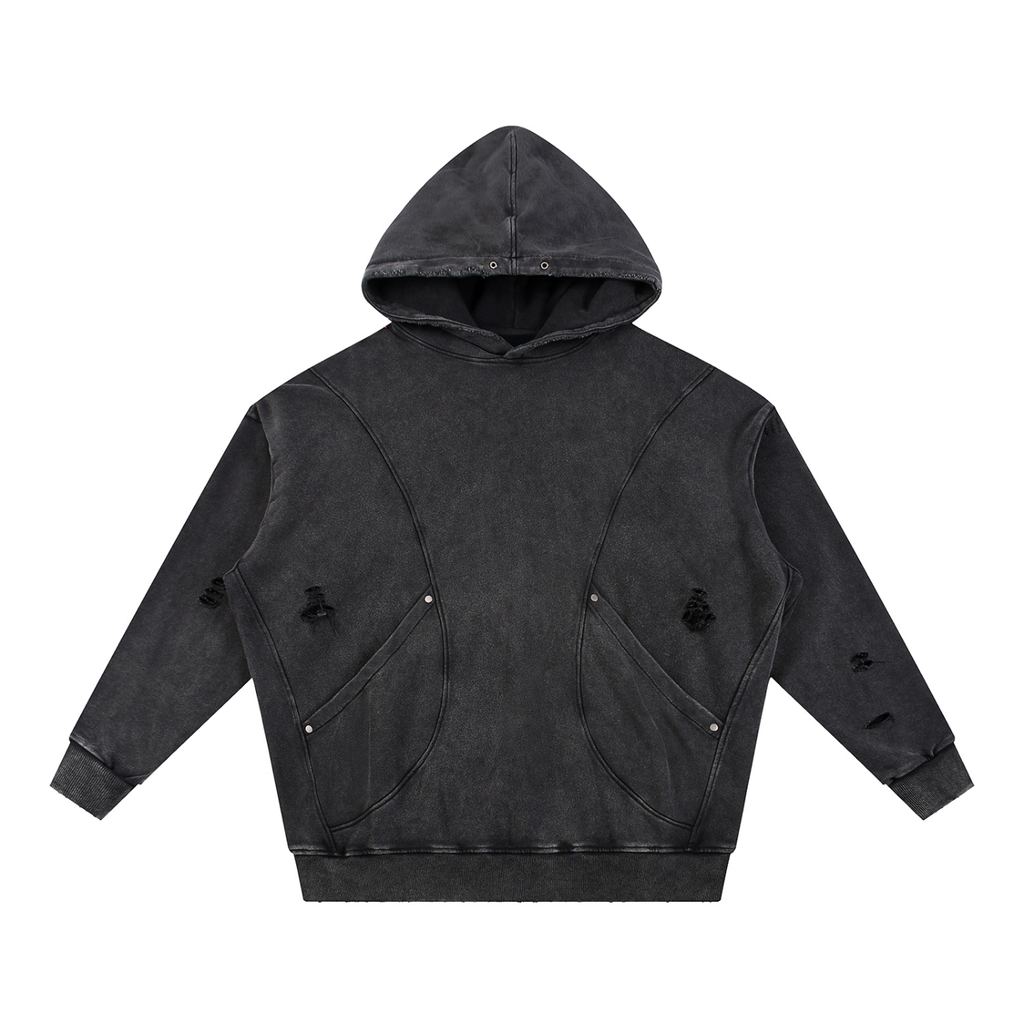 Front view of black snow washed WHYELUME Forged Mark distressed hoodie with panel pockets and no front print