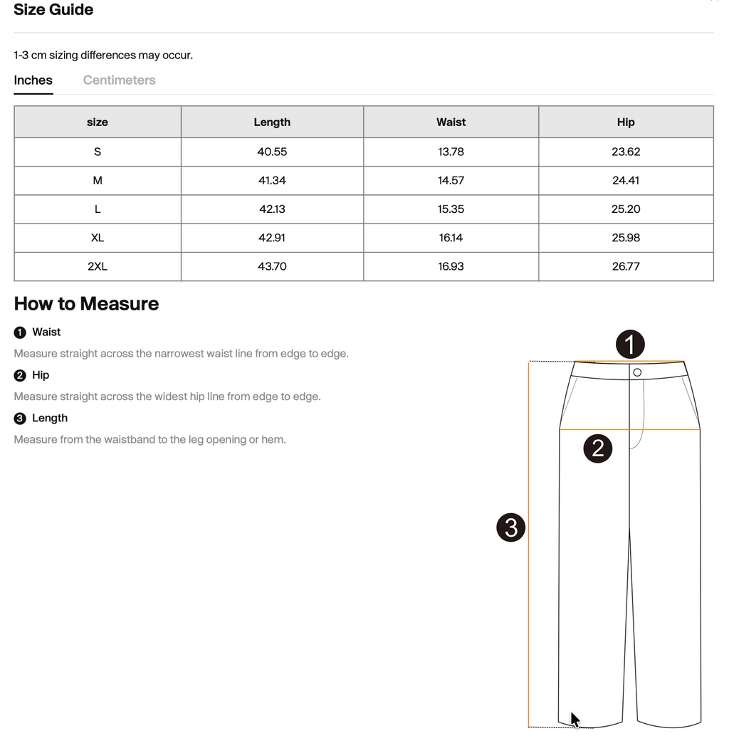 Size chart for WHYELUME Purpose Illuminated vintage washed barrel-leg sweatpants with waist, hip, and length measurements in inches