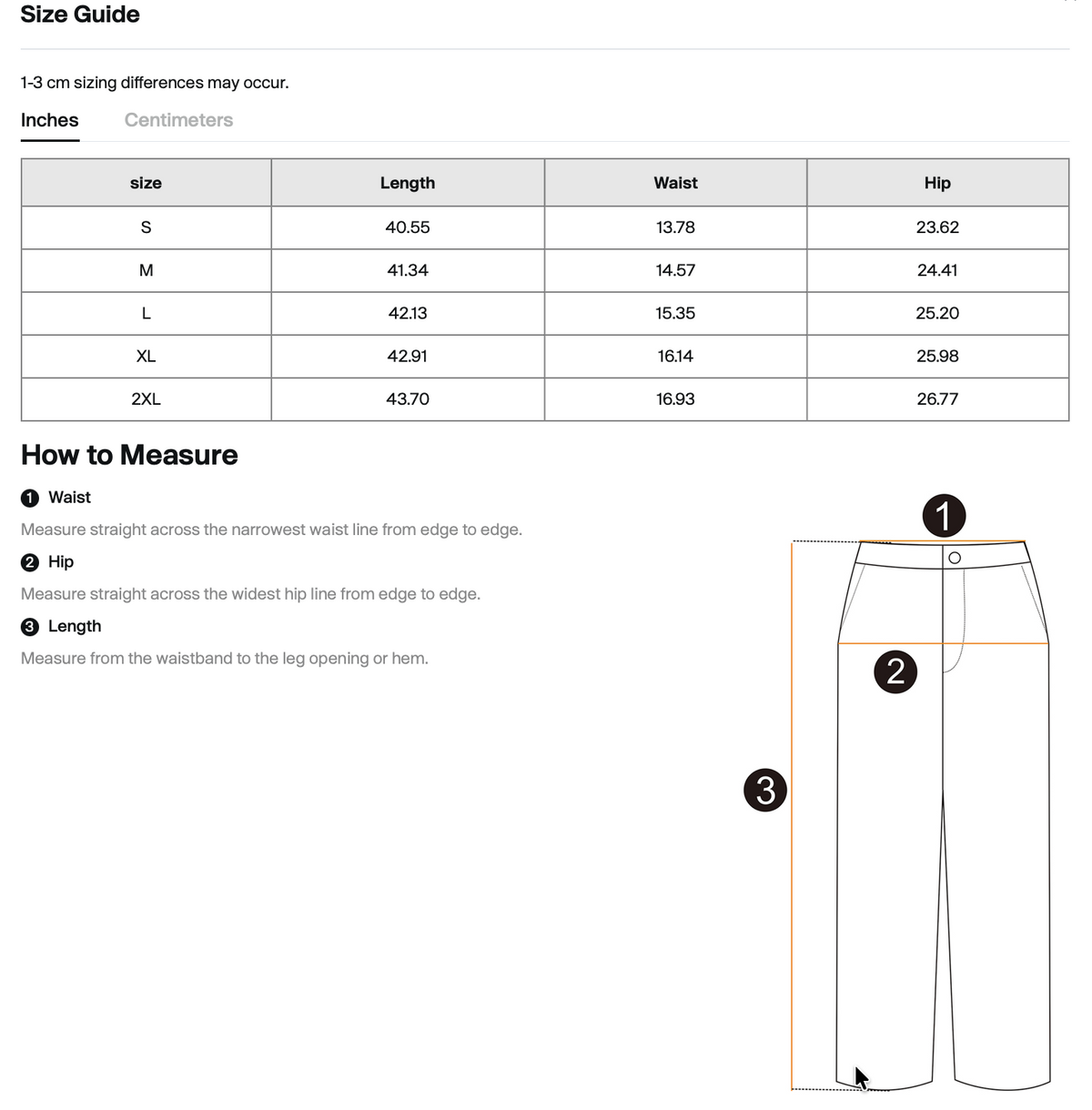 Size chart for WHYELUME Purpose Illuminated vintage washed barrel-leg sweatpants with waist, hip, and length measurements in inches