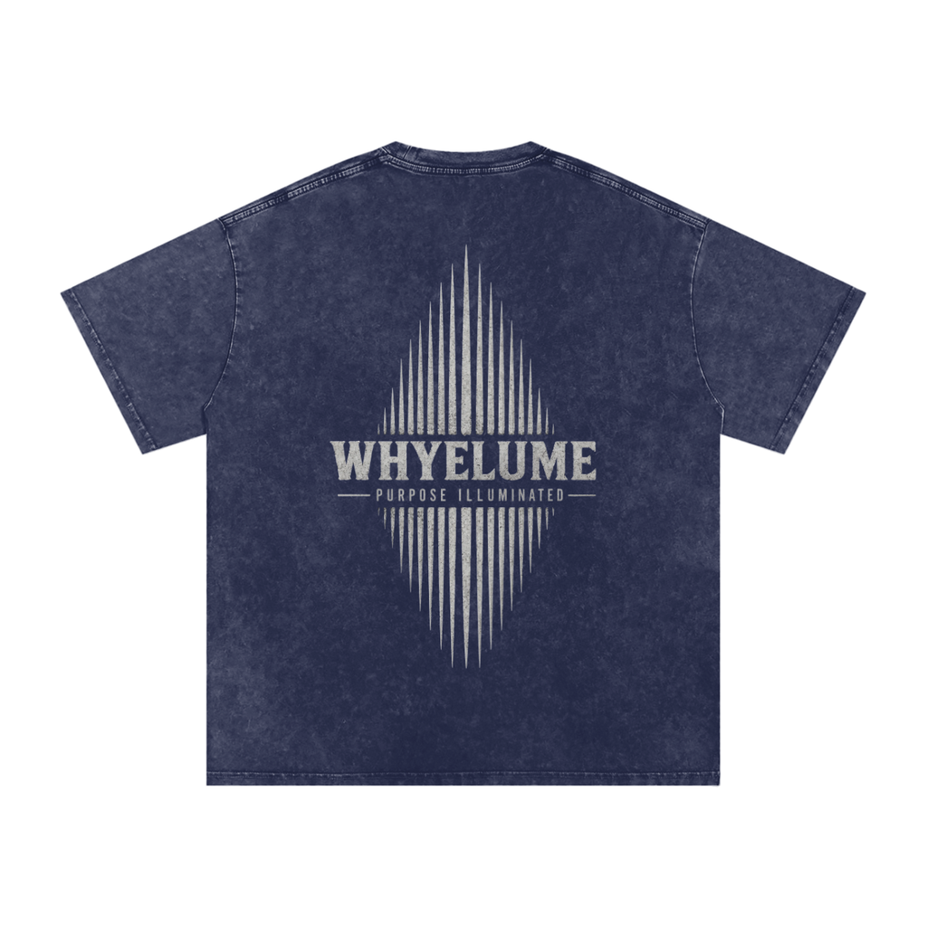 Back view of royal blue snow washed WHYELUME Essentials Radiant Mark tee with white radiant burst graphic