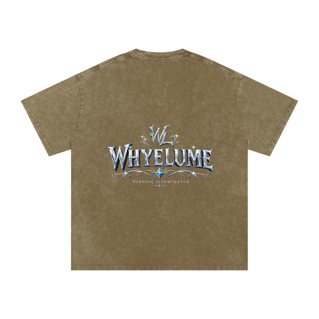 Back view of gray green snow washed WHYELUME Silver Crest tee with silver crest wordmark graphic