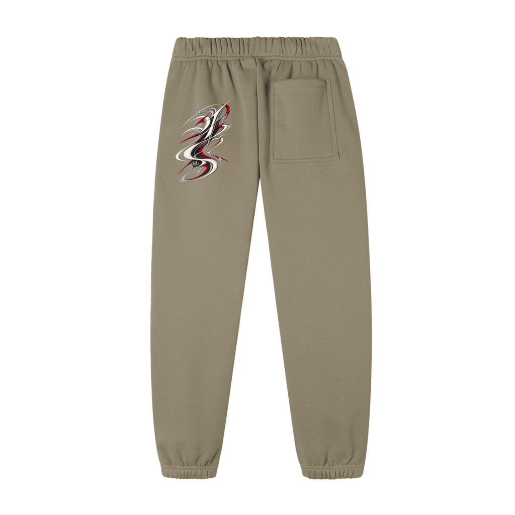 Back view of carbon gray WHYELUME Purpose Illuminated essential fleece sweatpants with small red back leg graphic