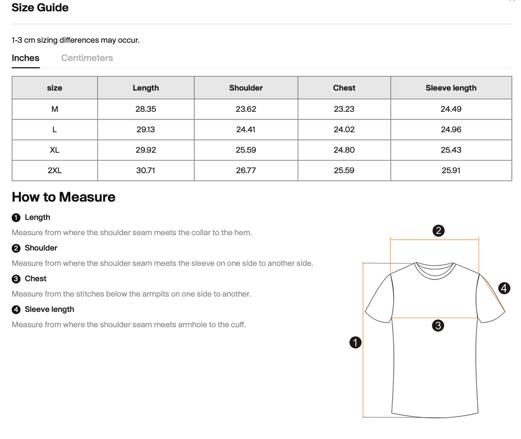 Size chart for WHYELUME Chrome Stack vintage washed long sleeve tee with length, chest, shoulder, and sleeve measurements in inches
