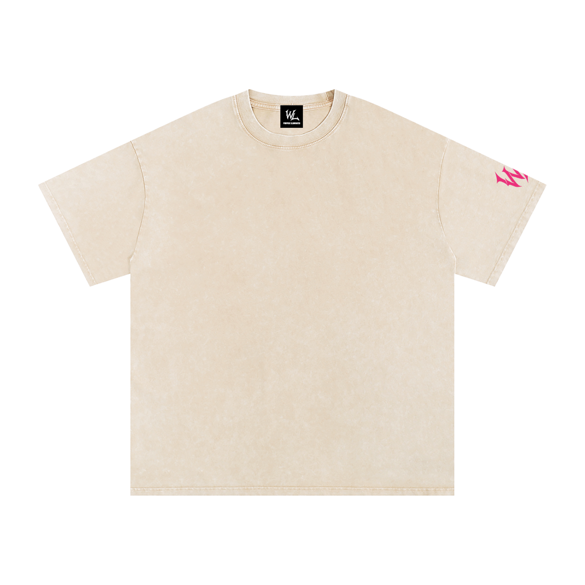 Front view of apricot snow washed WHYELUME Chrome Stack tee with pink sleeve accent graphic