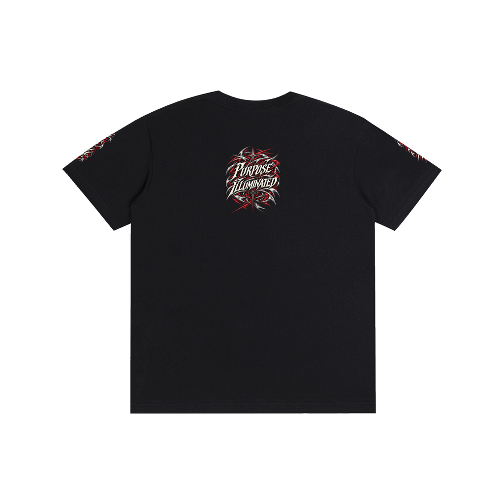 Back view of black WHYELUME Purpose Illuminated pure cotton tee with small red circular graphic