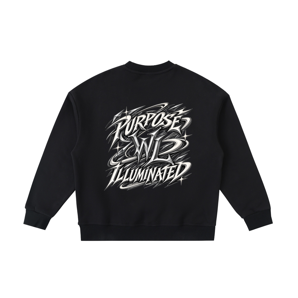 Back view of black WHYELUME Kids Purpose Illuminated crewneck with white Purpose Illuminated graphic