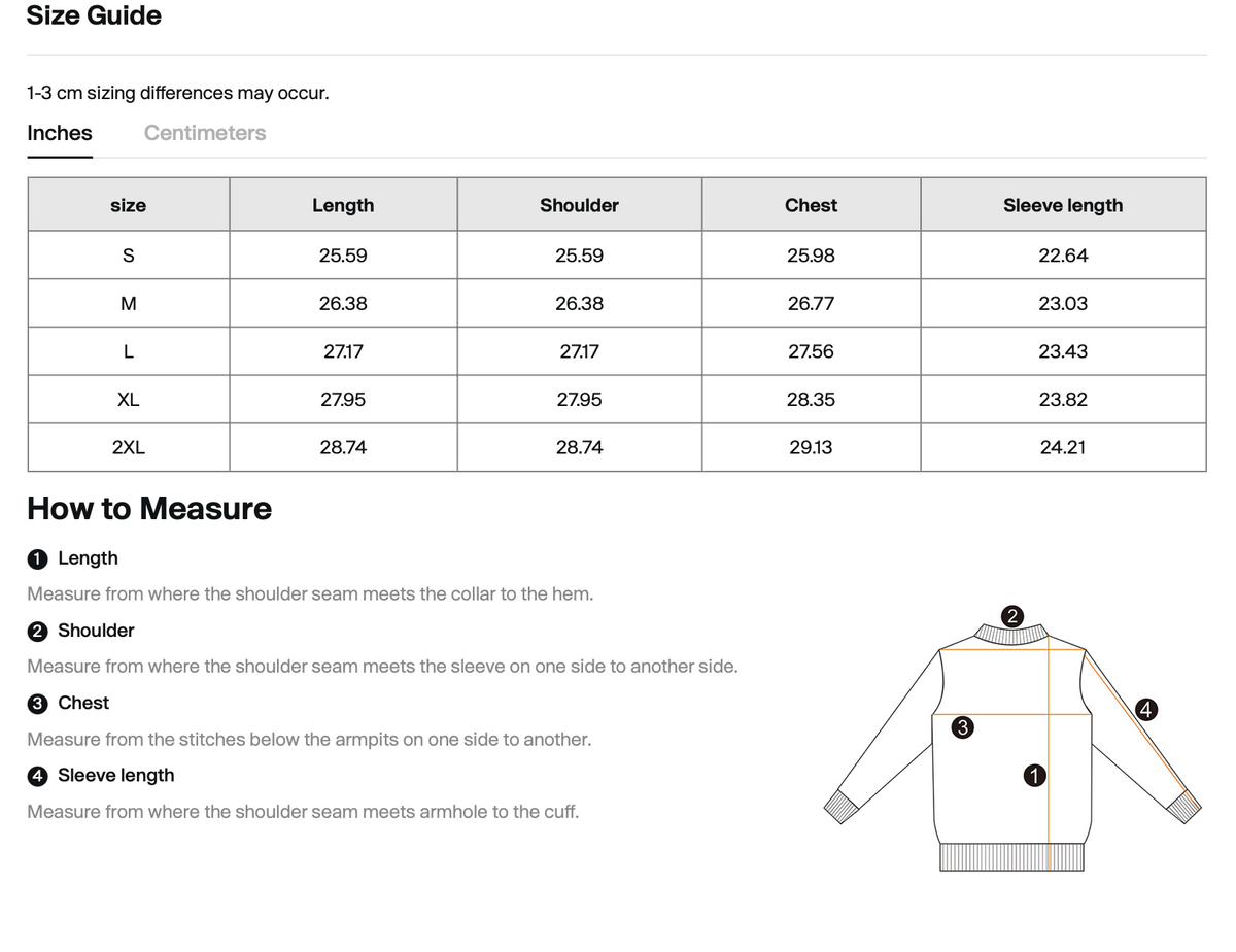 Size chart for WHYELUME Forged Mark sun faded distressed crewneck sweater with length, shoulder, chest, and sleeve measurements in inches