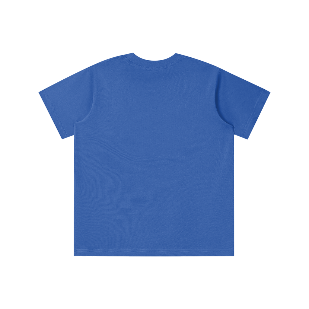 Back view of colorful blue WHYELUME Kids Arcade Energy tee with no print