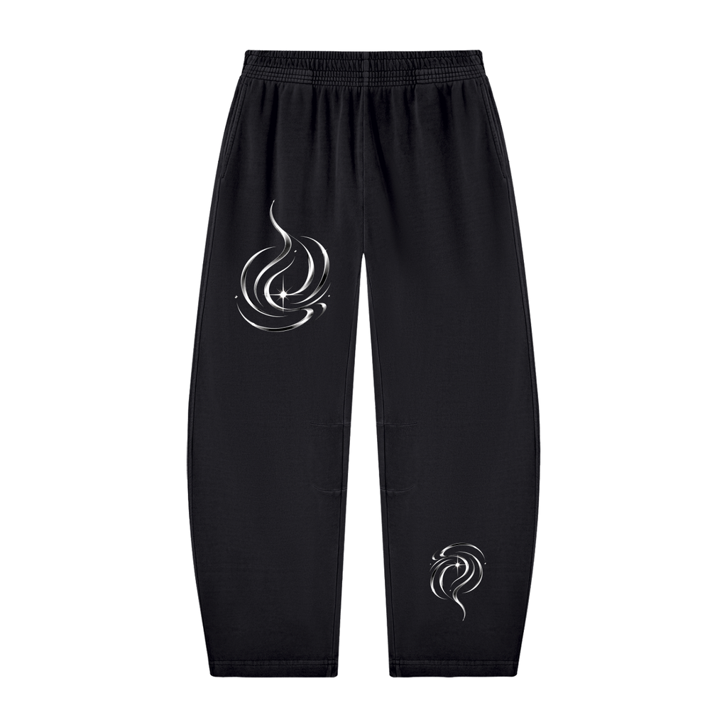 Front view of black WHYELUME Purpose Illuminated vintage washed barrel-leg sweatpants with white swirl graphics on hip and lower leg