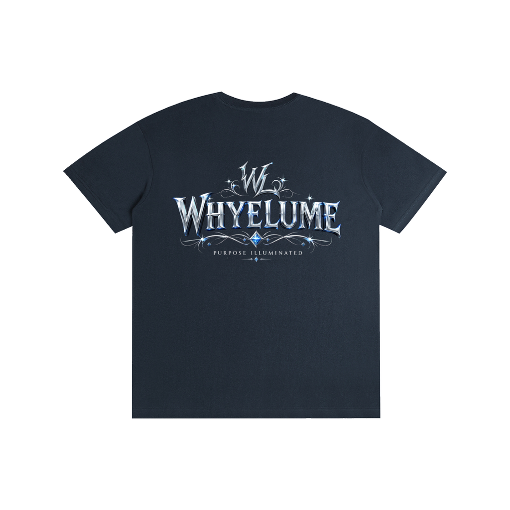 Back view of dark blue WHYELUME Silver Crest tee with silver crest wordmark graphic