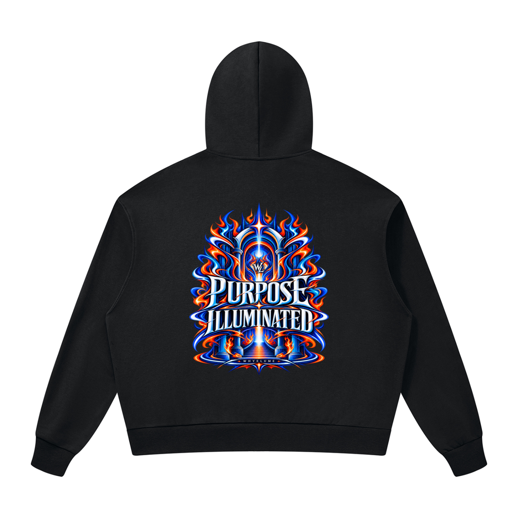Back view of black WHYELUME Purpose Illuminated full-zip hoodie with large blue and orange Purpose Illuminated graphic