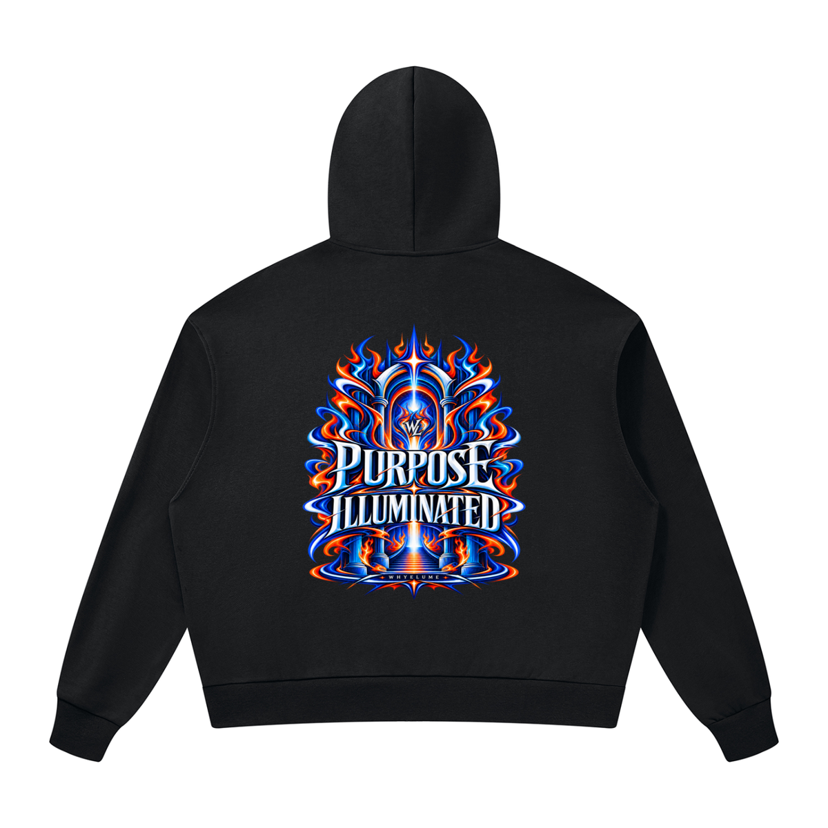 Back view of black WHYELUME Purpose Illuminated full-zip hoodie with large blue and orange Purpose Illuminated graphic