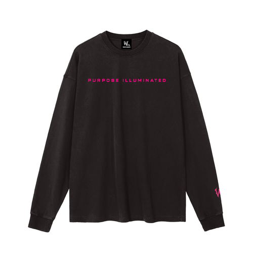 Front view of vintage black WHYELUME Chrome Stack washed long sleeve tee with pink Purpose Illuminated chest text