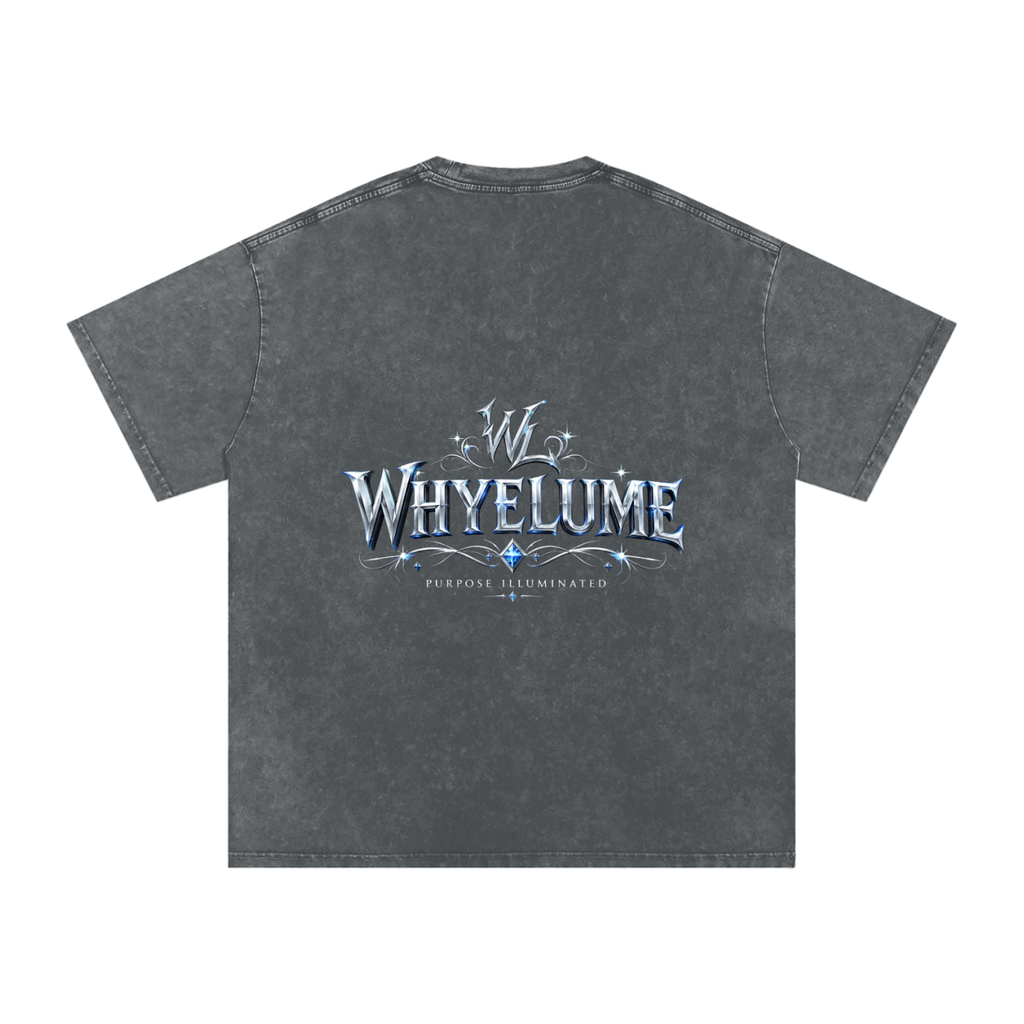 Back view of pirate gray snow washed WHYELUME Silver Crest tee with silver crest wordmark graphic
