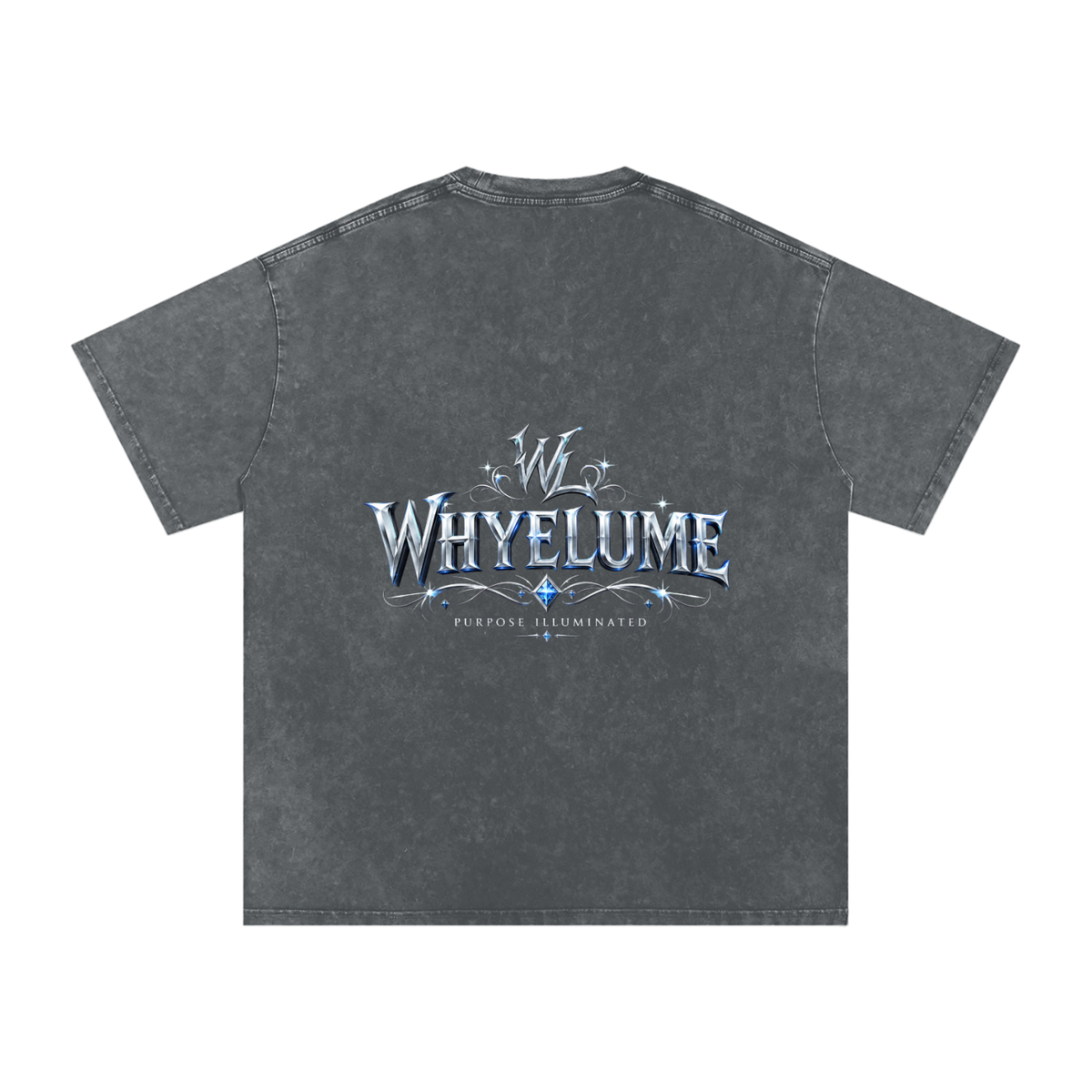 Back view of pirate gray snow washed WHYELUME Silver Crest tee with silver crest wordmark graphic
