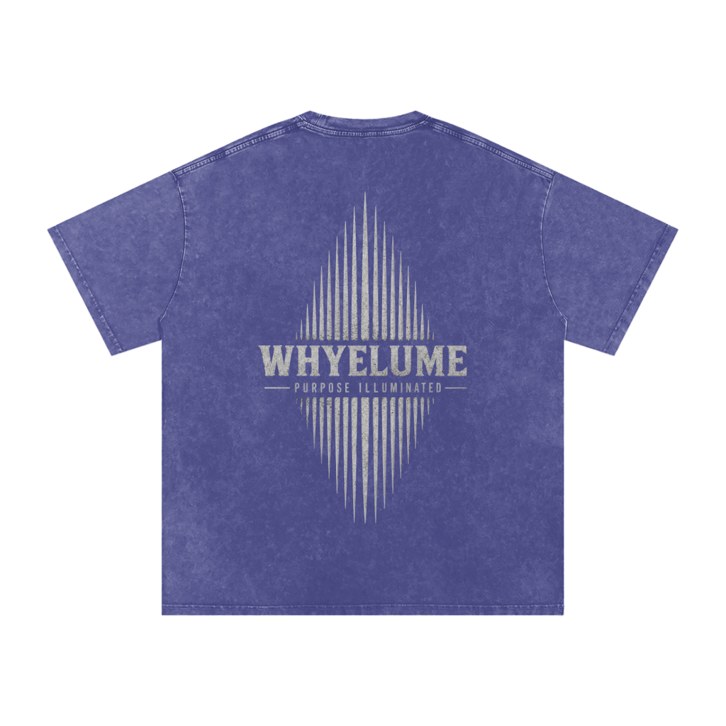Back view of purple haze snow washed WHYELUME Essentials Radiant Mark tee with white radiant burst graphic
