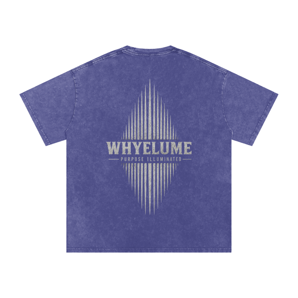 Back view of purple haze snow washed WHYELUME Essentials Radiant Mark tee with white radiant burst graphic