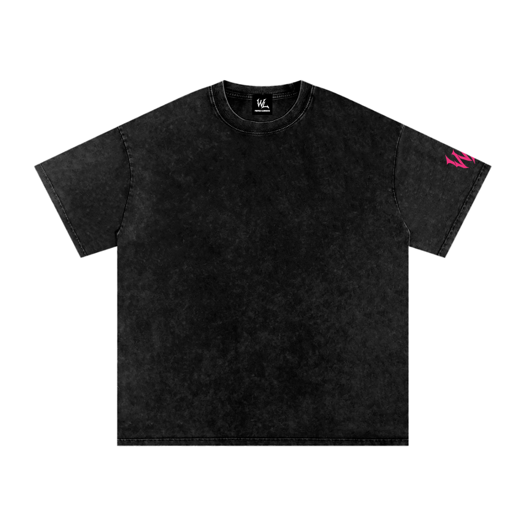 Front view of black snow washed WHYELUME Chrome Stack tee with pink sleeve accent graphic
