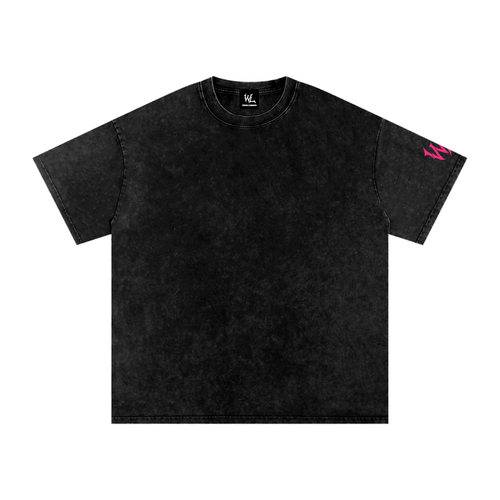 Front view of black snow washed WHYELUME Chrome Stack tee with pink sleeve accent graphic