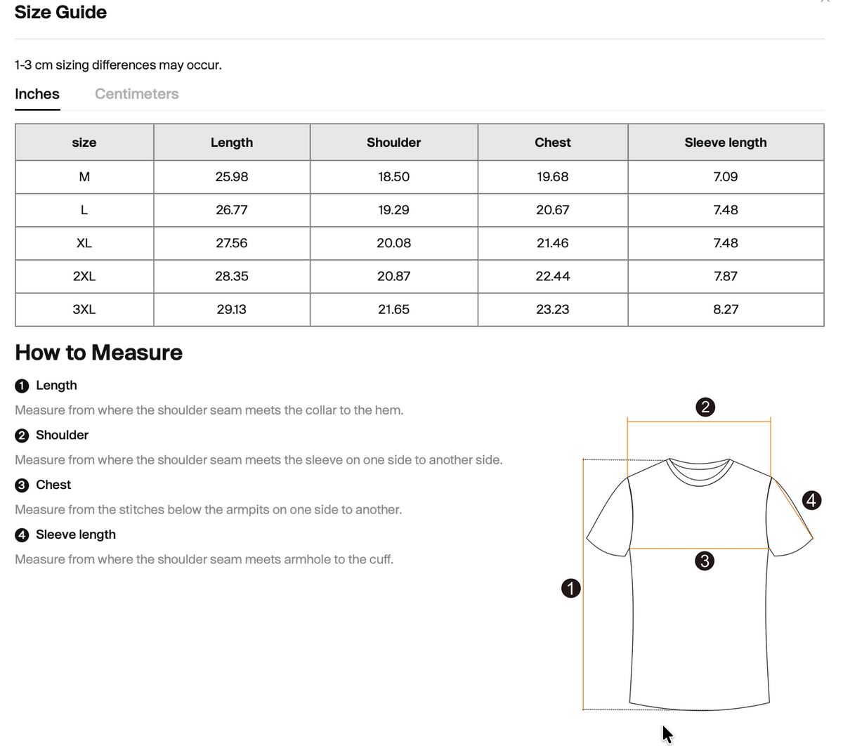 Size chart for WHYELUME Purpose Illuminated pure cotton graphic tee with length, shoulder, chest, and sleeve measurements in inches