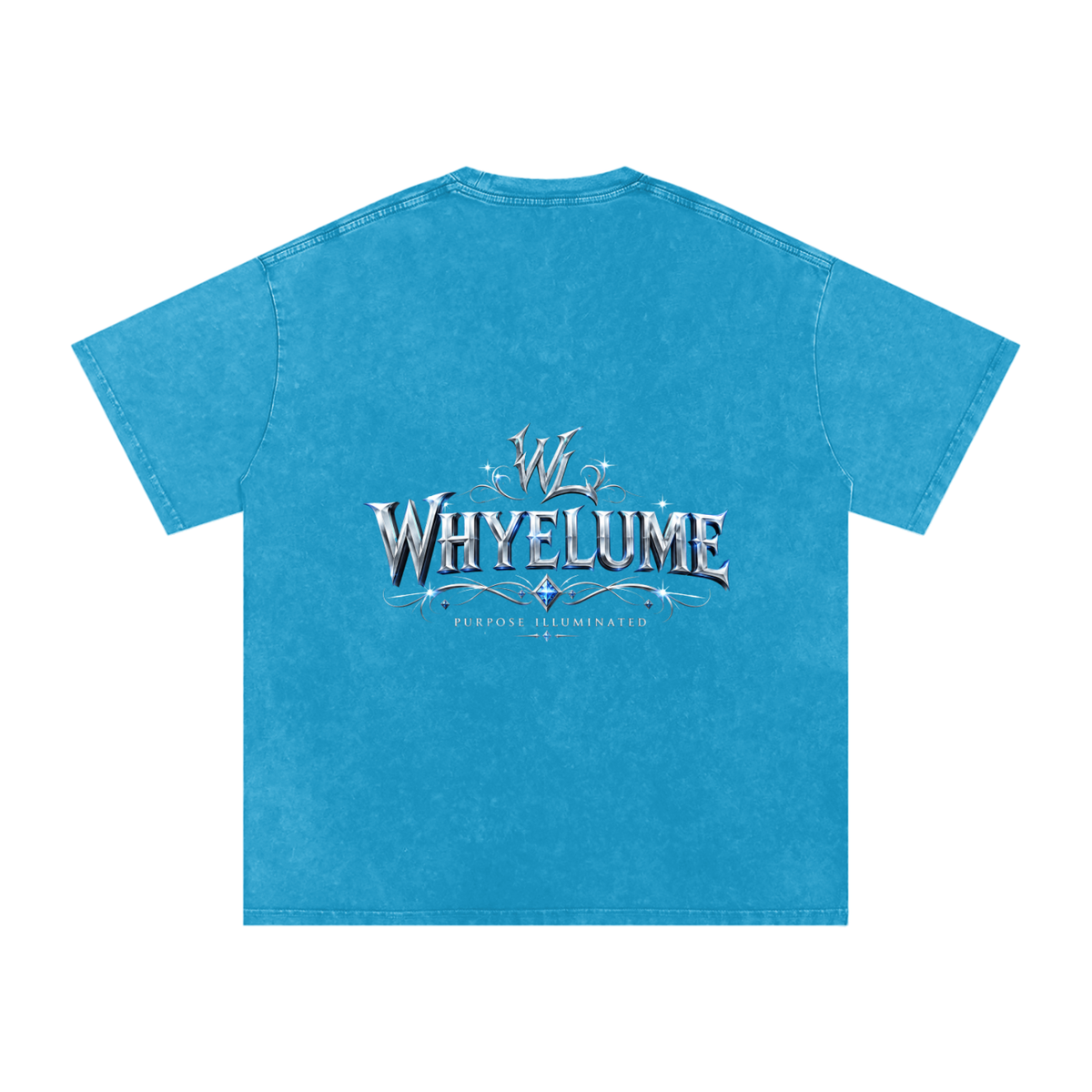 Back view of lake blue snow washed WHYELUME Silver Crest tee with silver crest wordmark graphic