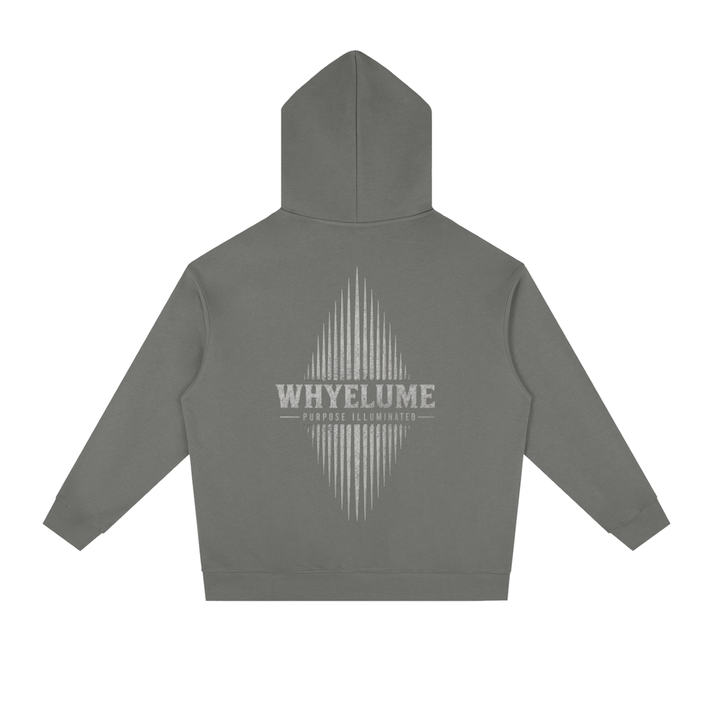 Back view of dark gray WHYELUME Essentials Radiant Mark drop-shoulder hoodie with white radiant burst graphic