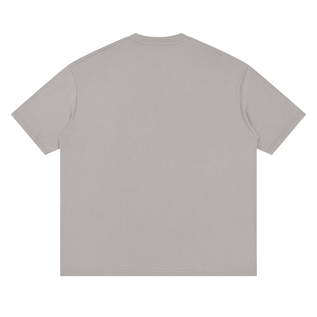 Back view of light gray WHYELUME Silk Frame drop shoulder tee with no print