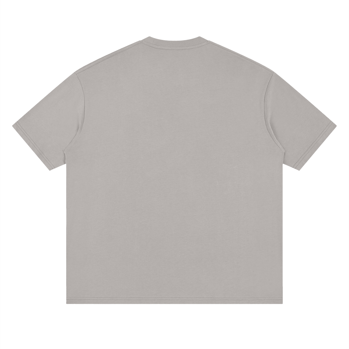 Back view of light gray WHYELUME Silk Frame drop shoulder tee with no print