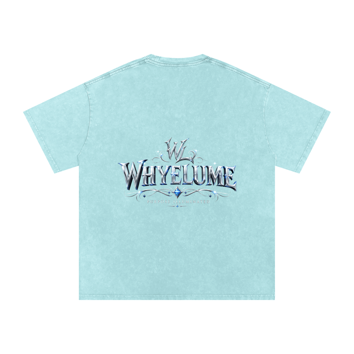 Back view of water blue snow washed WHYELUME Silver Crest tee with silver crest wordmark graphic