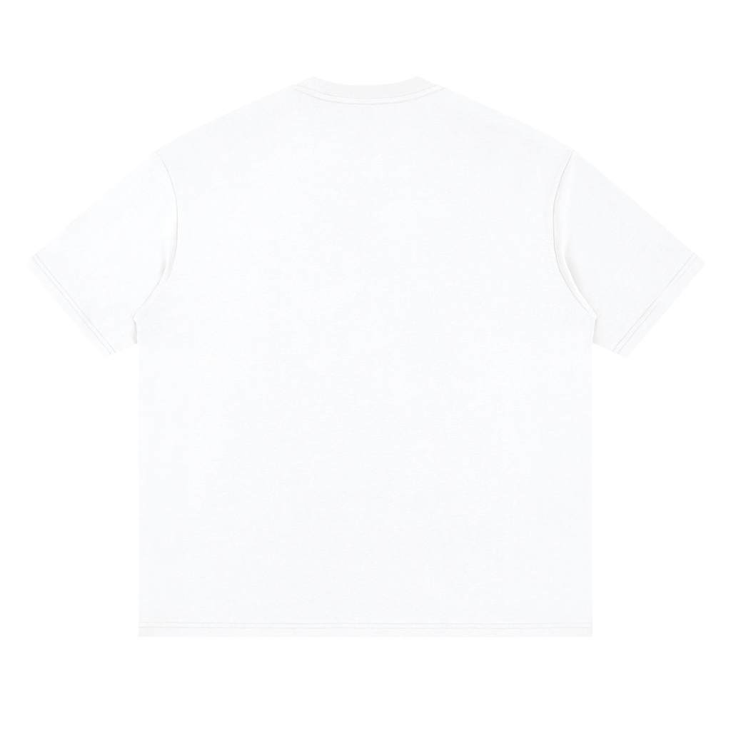Back view of lucent white WHYELUME Purpose Illuminated contrast drop shoulder tee with no print