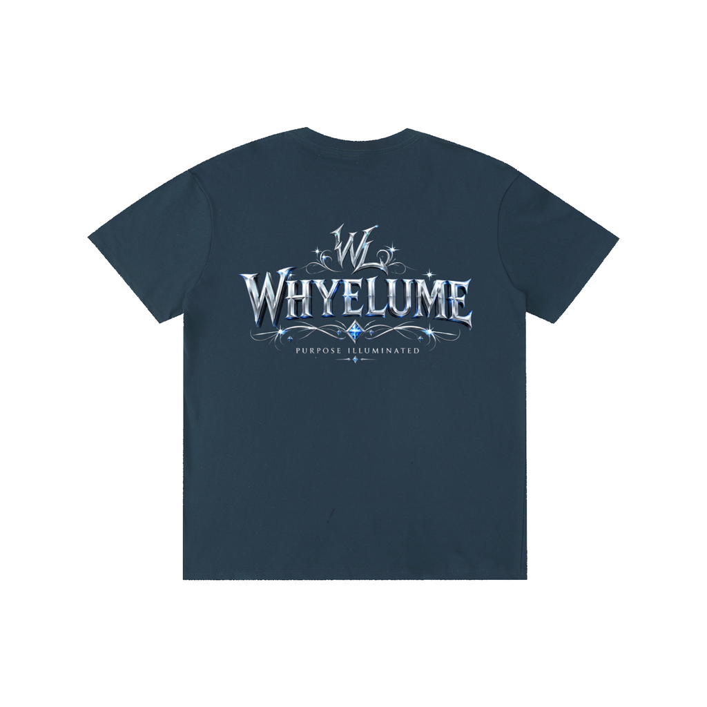 Back view of navy blue WHYELUME Silver Crest tee with silver crest wordmark graphic