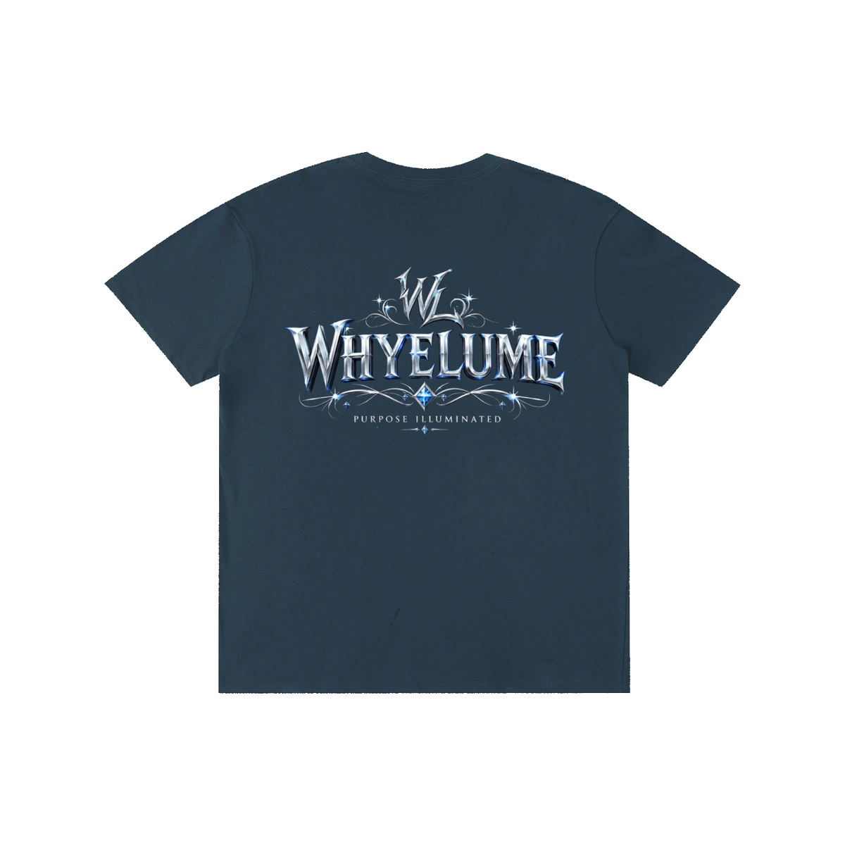 Back view of navy blue WHYELUME Silver Crest tee with silver crest wordmark graphic
