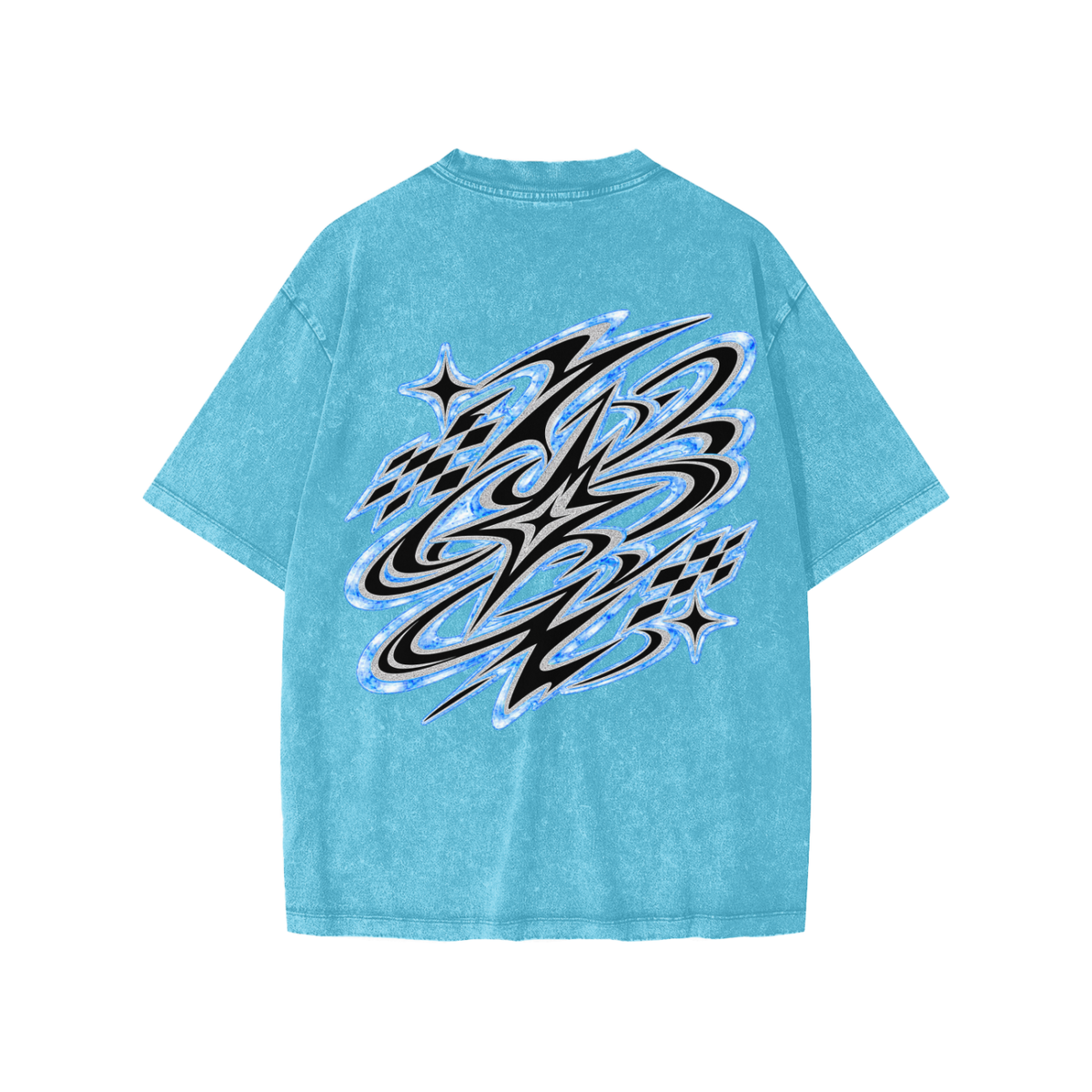 Back view of washed sky blue WHYELUME Kids Marble Motion tee with blue swirl graphic
