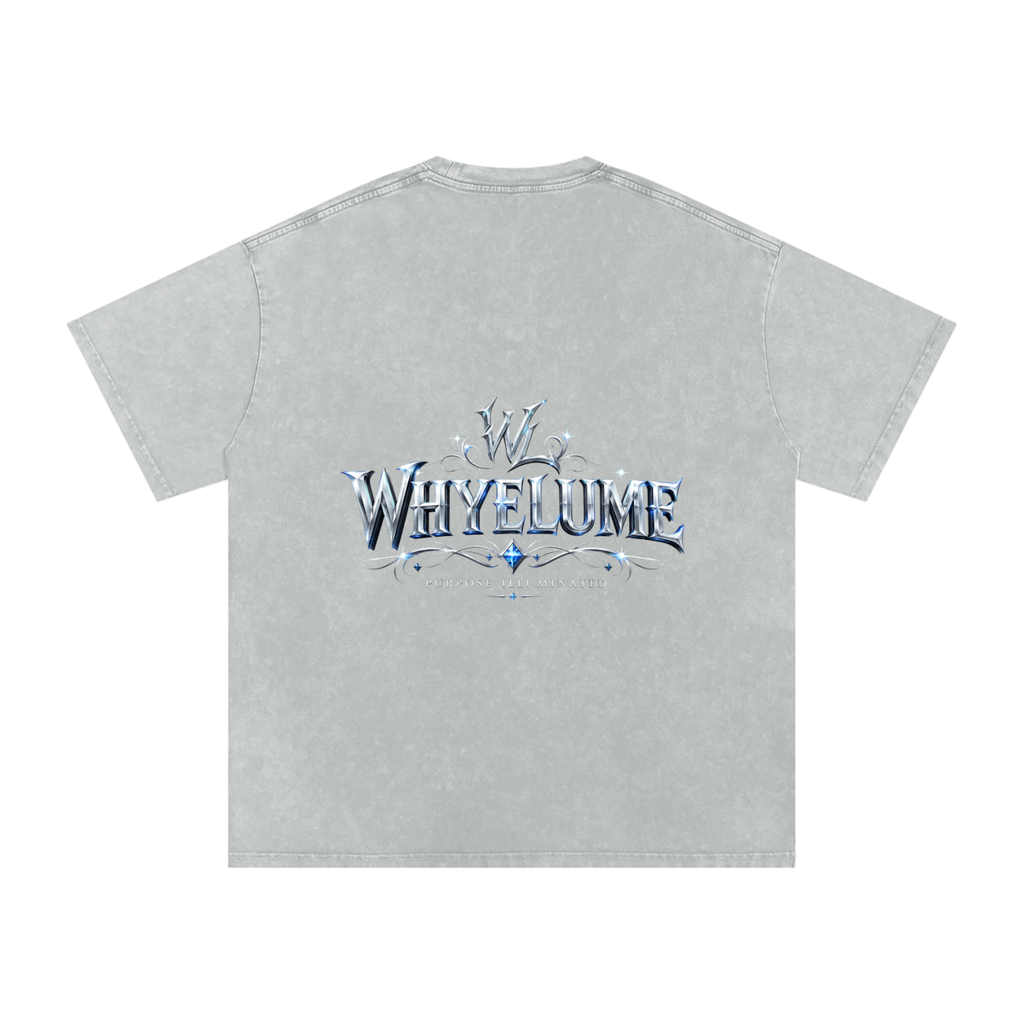 Back view of light gray snow washed WHYELUME Silver Crest tee with silver crest wordmark graphic