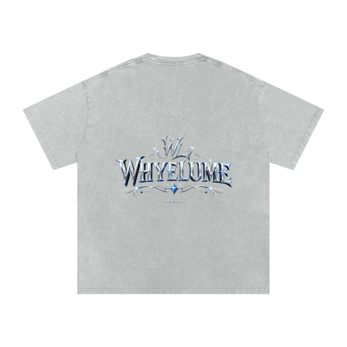 Back view of light gray snow washed WHYELUME Silver Crest tee with silver crest wordmark graphic